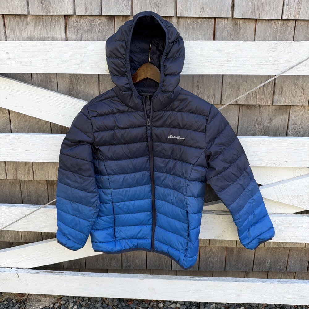Eddie Bauer Jacket Boys Blue Down Puffer Full Zip Hooded Reversible 10/12 EUC